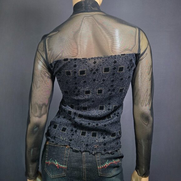 Y2K Black Glitter Mesh Top Flocked Velvet Size S Whimsigoth Goth Grunge - Picture 7 of 9